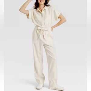 Universal Thread Women's Short Sleeve Linen Boilersuit Casual Jumpsuit Cream 4